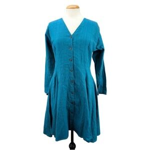El Huarache Dress Lace Up Corset Back Boho V-Neck Button Front Small Turquoise‎